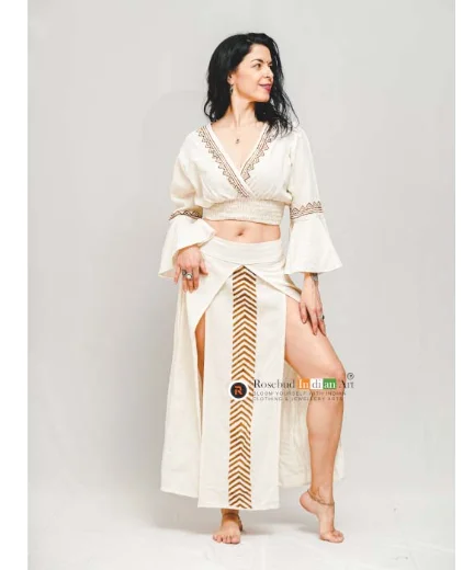 Tie Top And Split Skirt Set In Cotton Block Print