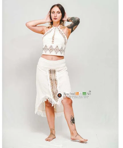 Halter Neck Top And Skirt Set In Cotton Block Print